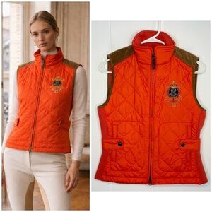 RALPH LAUREN Orange Vest Suede Trim Crest Crested Hunting Women’s Size Small
